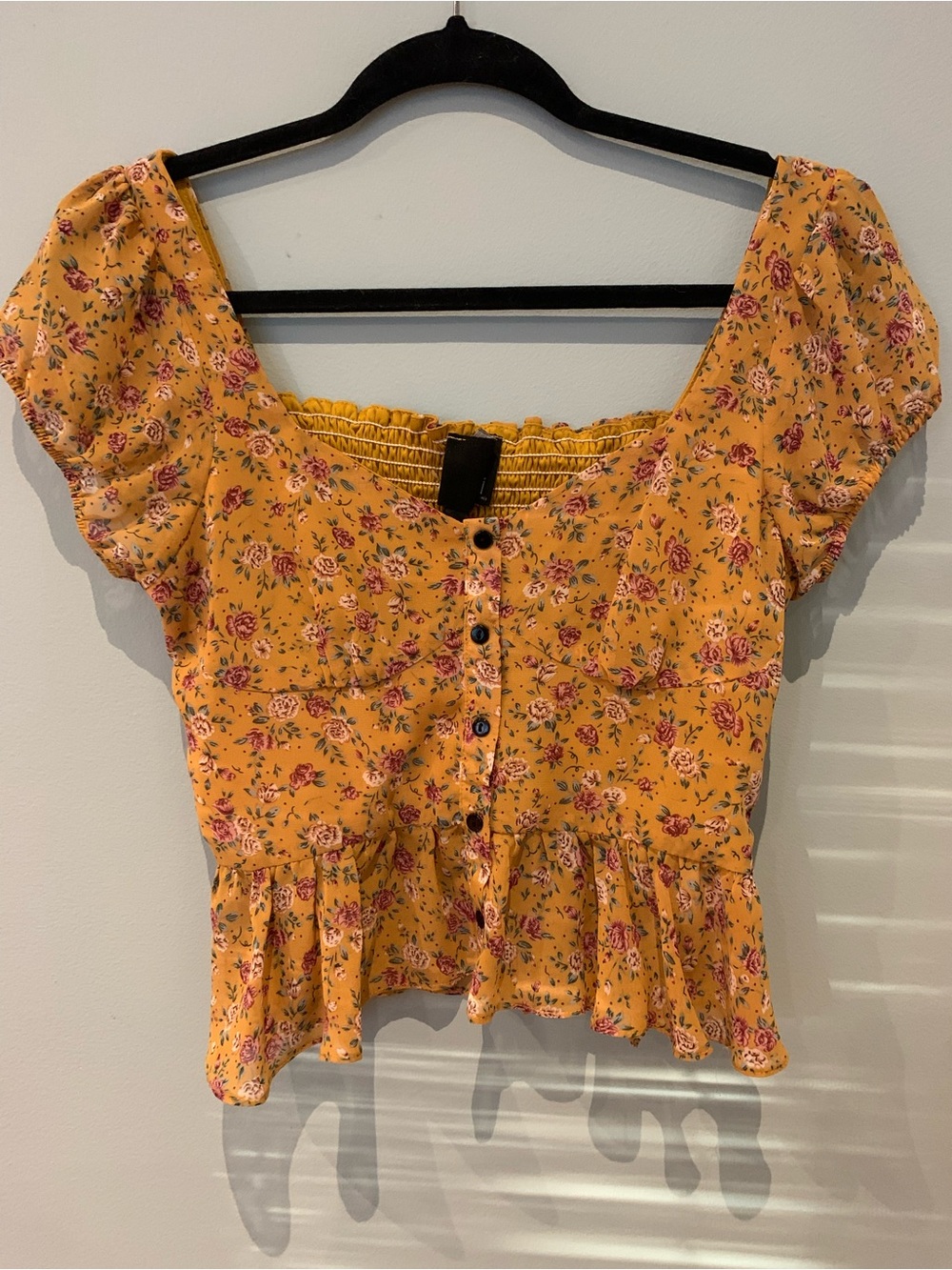 Kaii Yellow Floral Button-Front Peplum Crop Top